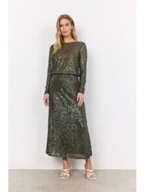 Sequin Long Skirt in Olive Green